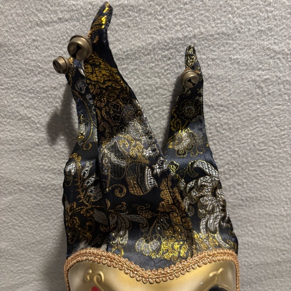 Full face Jester Joker Venetian Masquerade carnival mask wall decor gold 3 bells - Picture 3 of 8